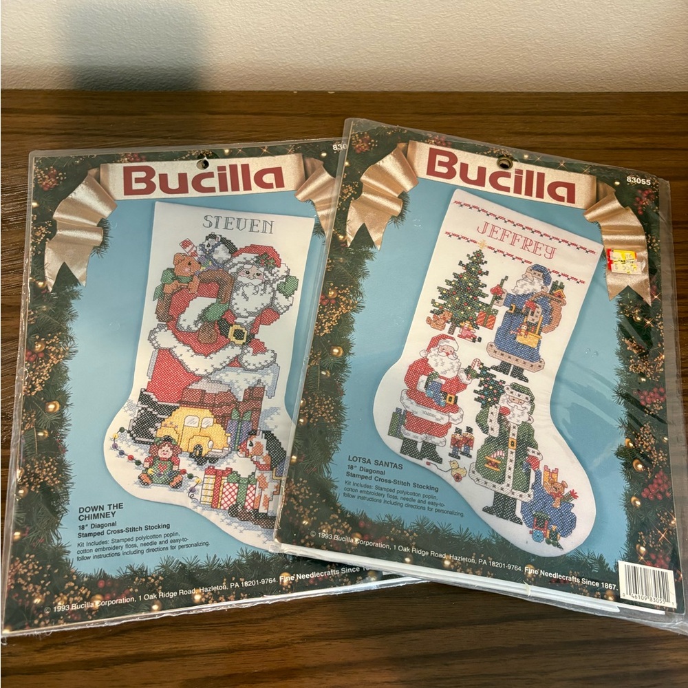 NEW Vintage 1993 Bucilla Cross Stitch Christmas Down the Chimney / Lotsa Santas